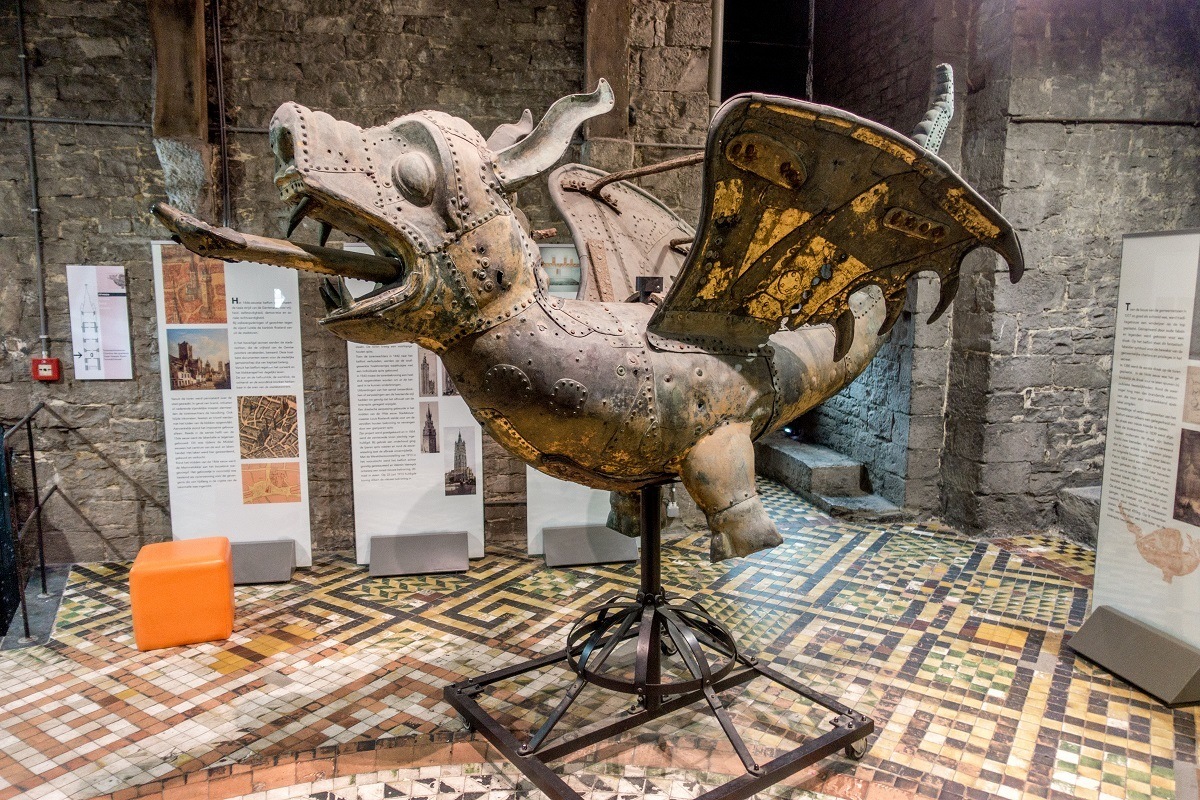 Metal dragon figure on display.