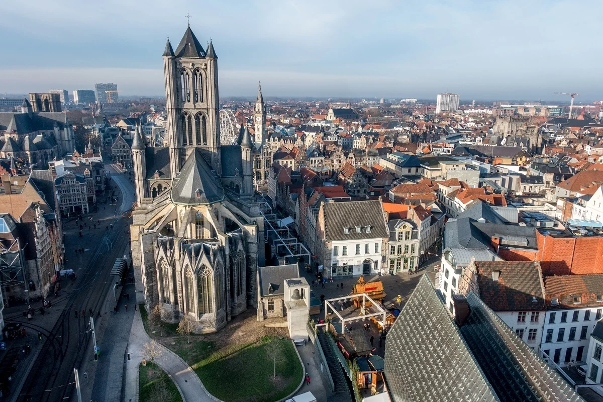 Overhead view of church and the rooftops of Ghent