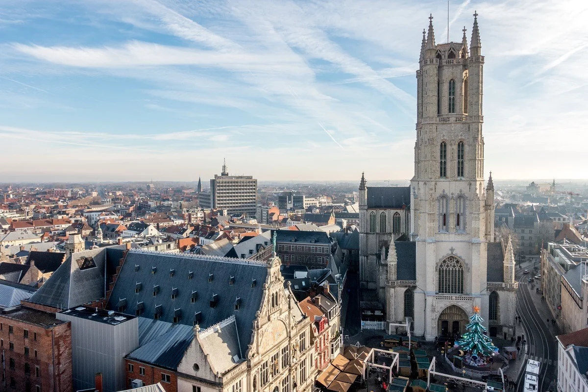 Ghent skyline view including rooftops and St. Bavo's Cathedral belltower