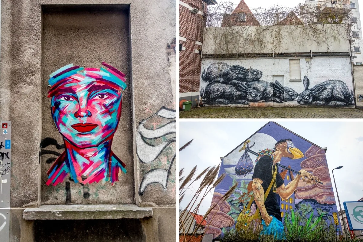 Street art murals with people and animals.