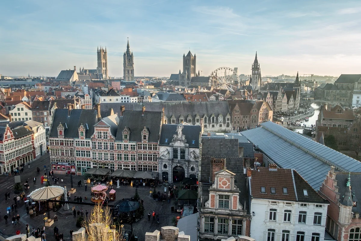 View of towers and Ghent city center from Gravensteen castle.