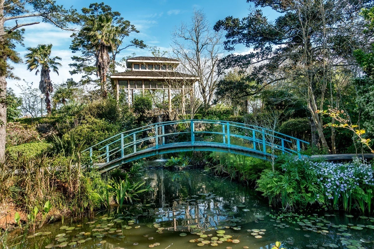 Japanese tea house and blue bridge over a koi pond