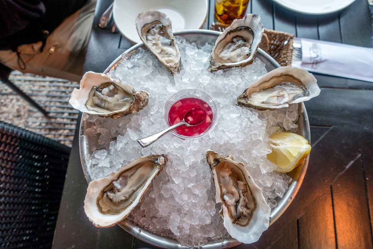 Oysters on the half shell on an ice platter 