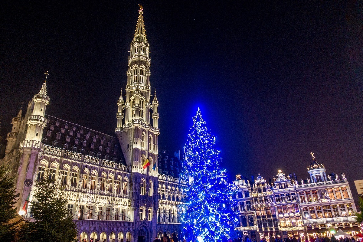 Ornate buildings and Christmas tree lit for the Brussels Christmas market in Belgium