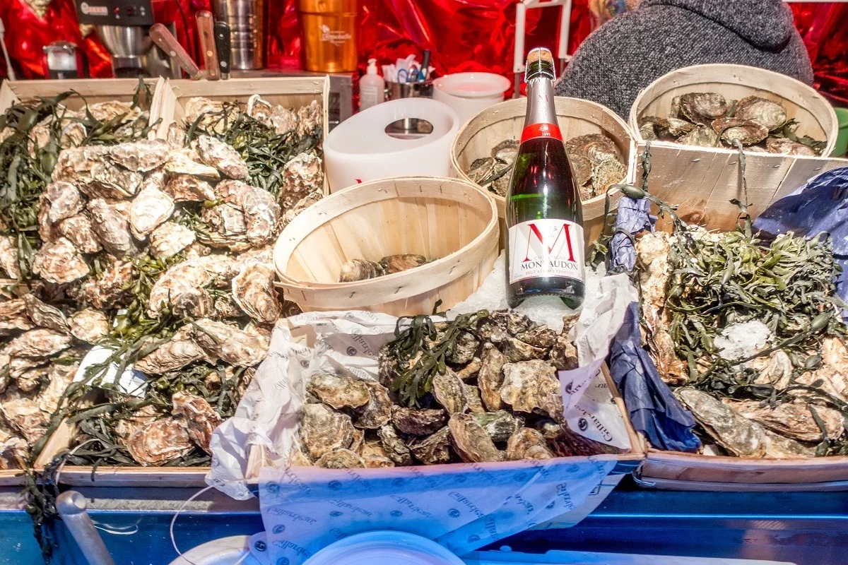 Oysters and champagne for sale.