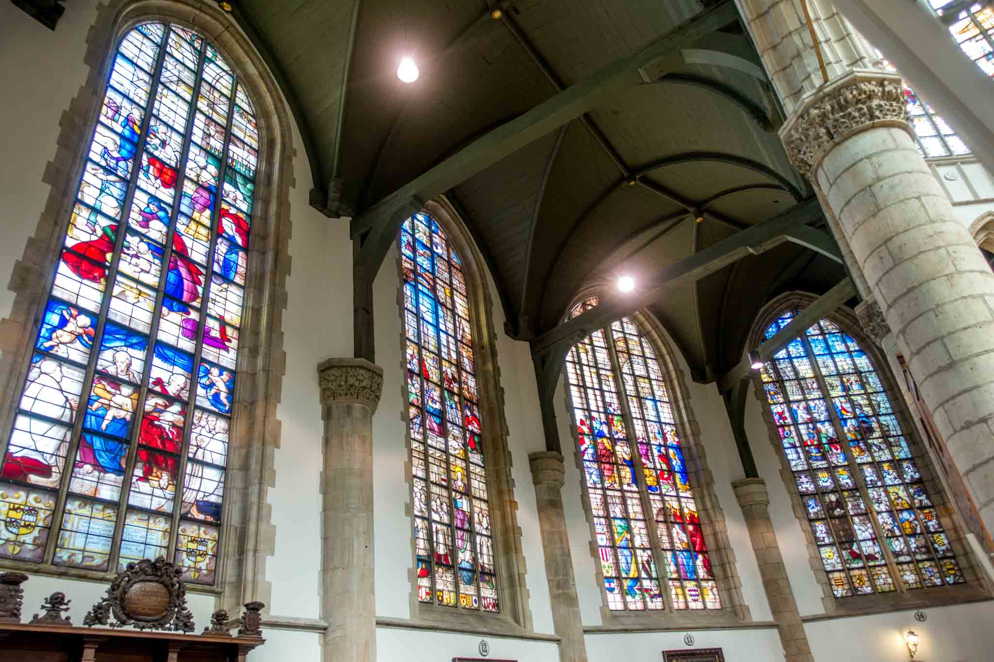 Church interior with bright stained glass 