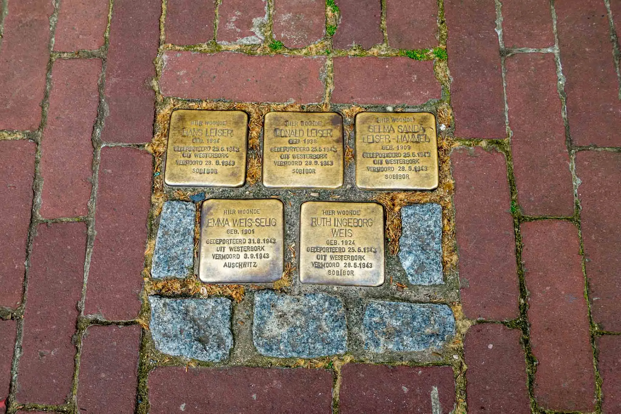 Golden stones in sidewalk with details about Holocaust victims 