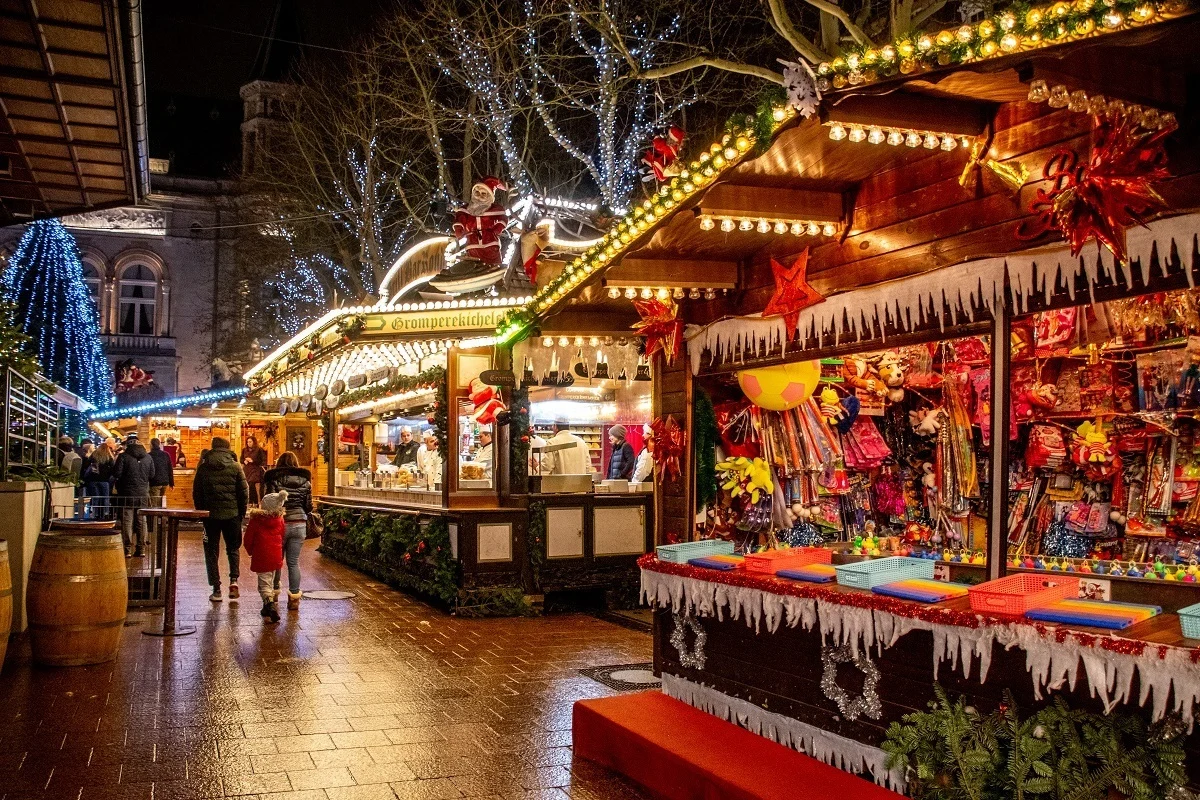 Wooden stalls selling gifts and food in Place d'Armes in Luxembourg City