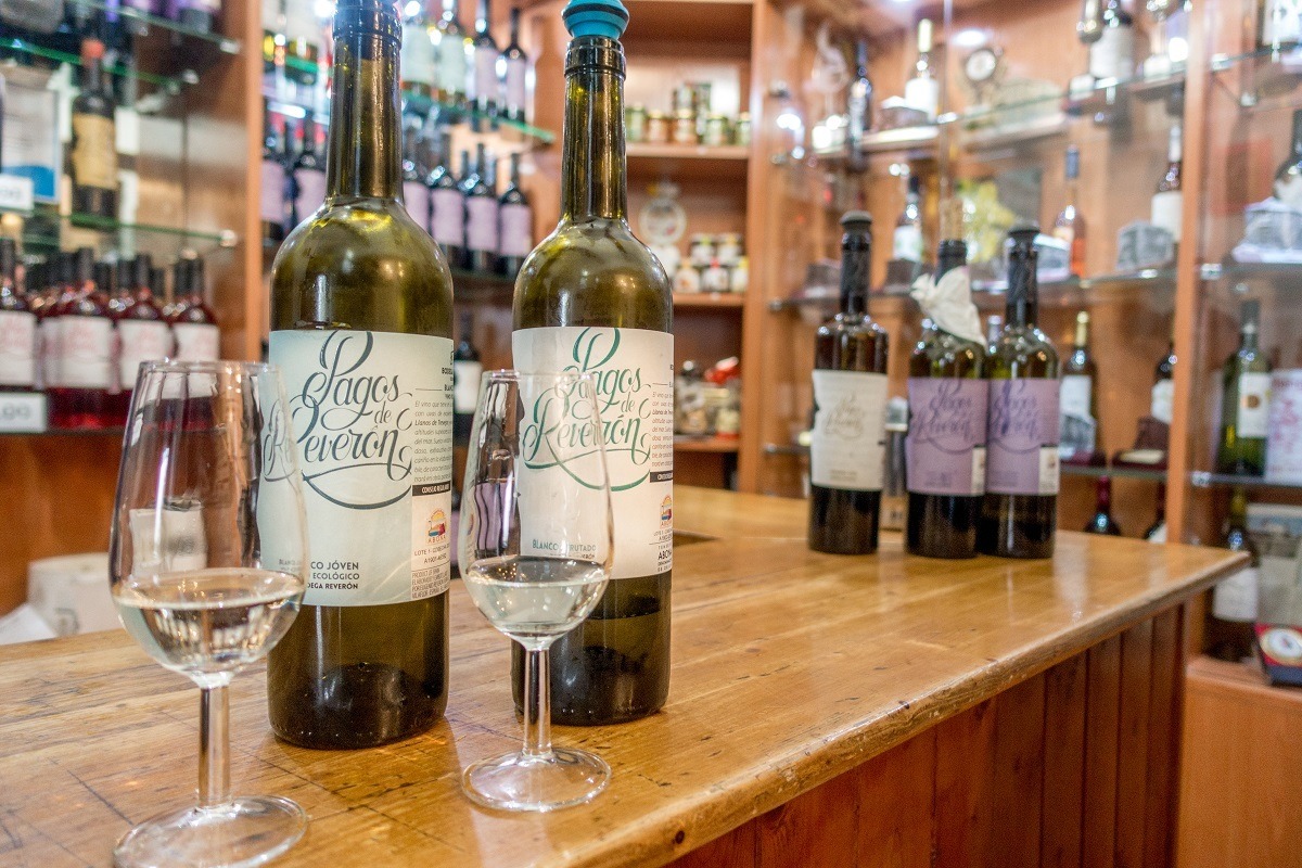 Wine glasses and bottles at the winery Bodega Reveron on El Teide
