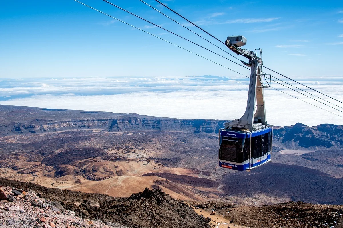 The Mount Teide Cable Car (Teleférico del Teide) with the caldera and clouds in the distance