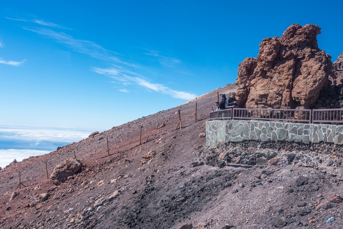 People at the upper cable car station scenic lookout platform on Mt Teide in Spain