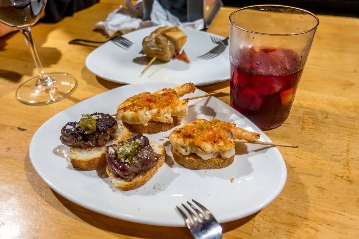 Beef sirlion pintxo and shrimp pintxo