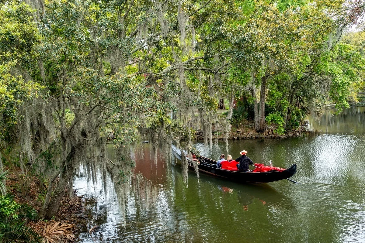 Venetian gondola in a lagoon surrounded by moss-draped trees