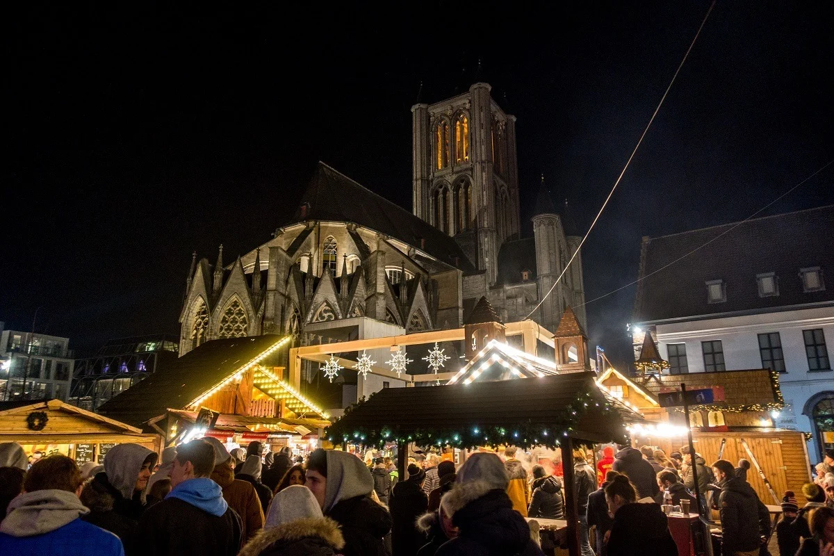 Christmas market stalls by St Nicholas Church