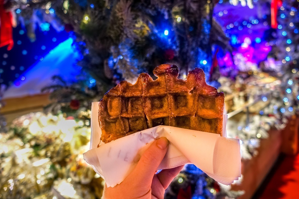 Liege waffle in front of Christmas tree
