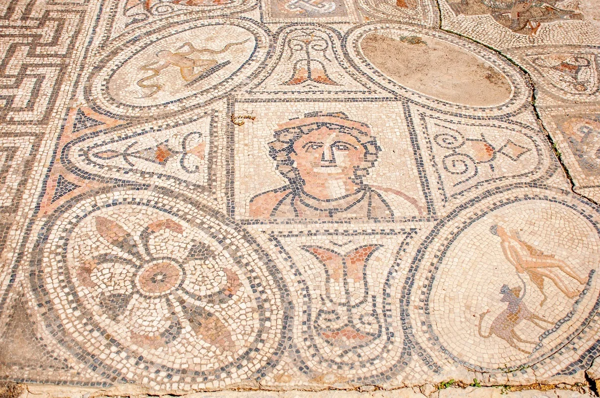 Mosaic in the House of the Labors of Hercules showing Hercules and symbols