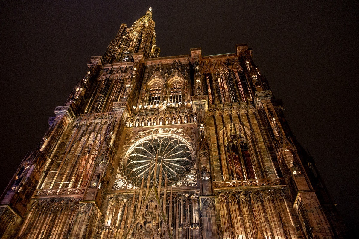Close up of ornate cathedral at night