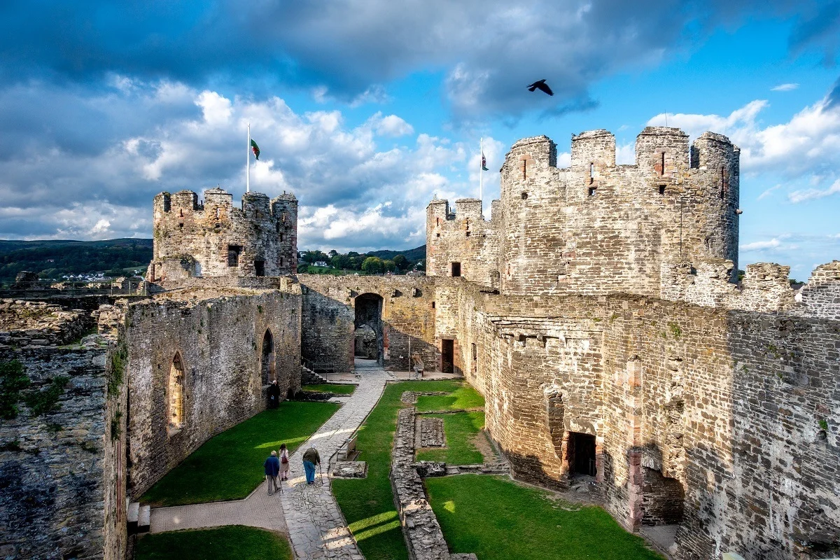 Stone towers and courtyard of of an ancient castle