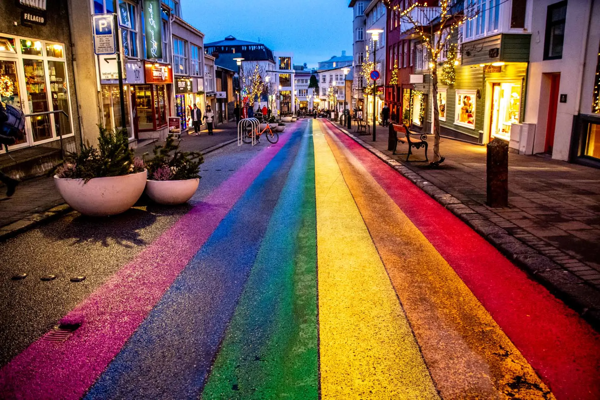 The rainbow pride flag painted on the street in Reykjavik