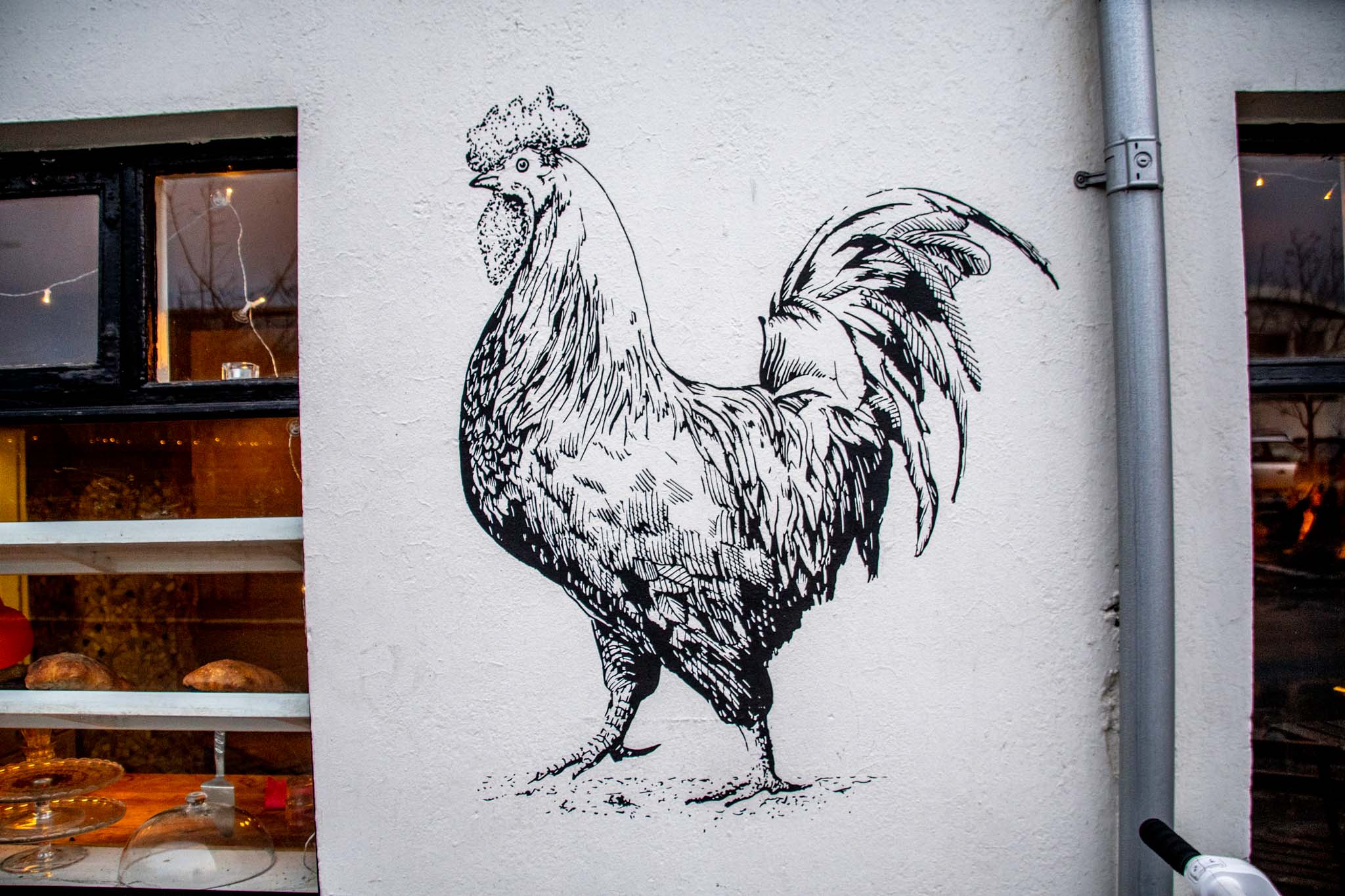 A rooster mural on a Reykjavik street