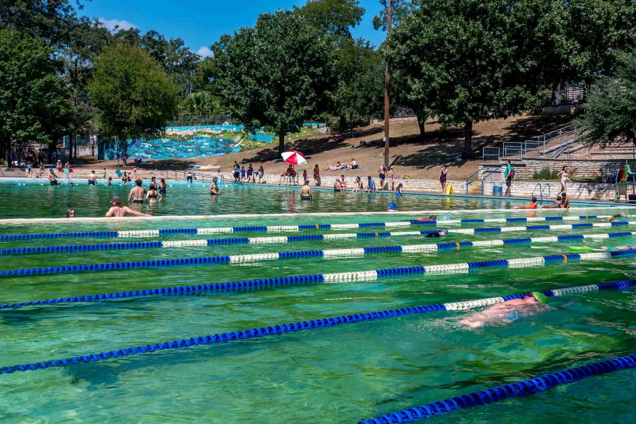 People at a large swimming pool