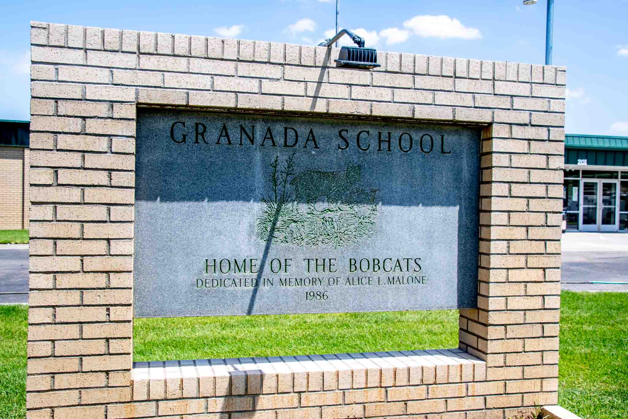 Sign for the Granada School, home of the Bobcats