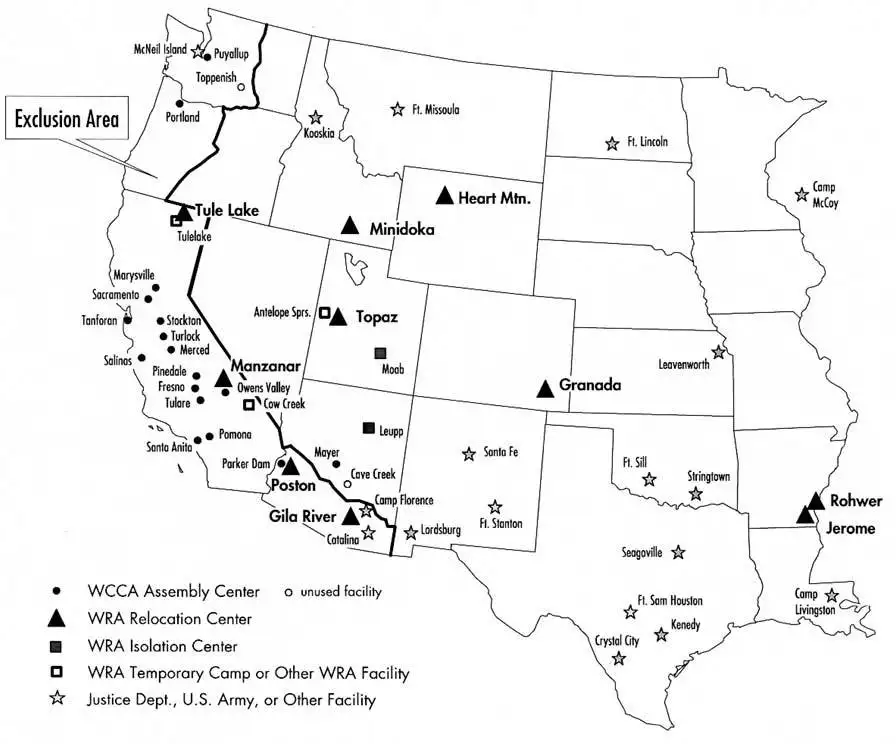 Map of the Japanese Internment Camps during World War II and the West Coast Exclusion Area