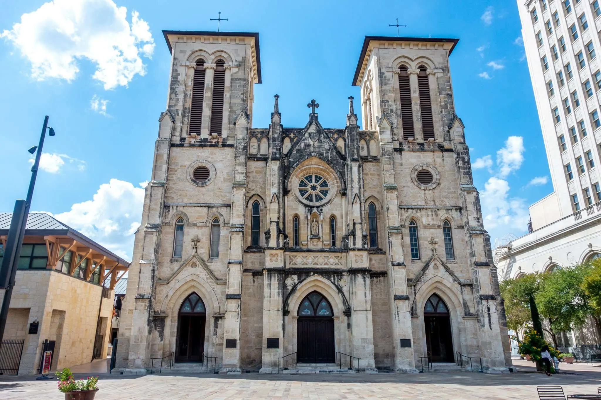 Exterior of a stone cathedral with two towers