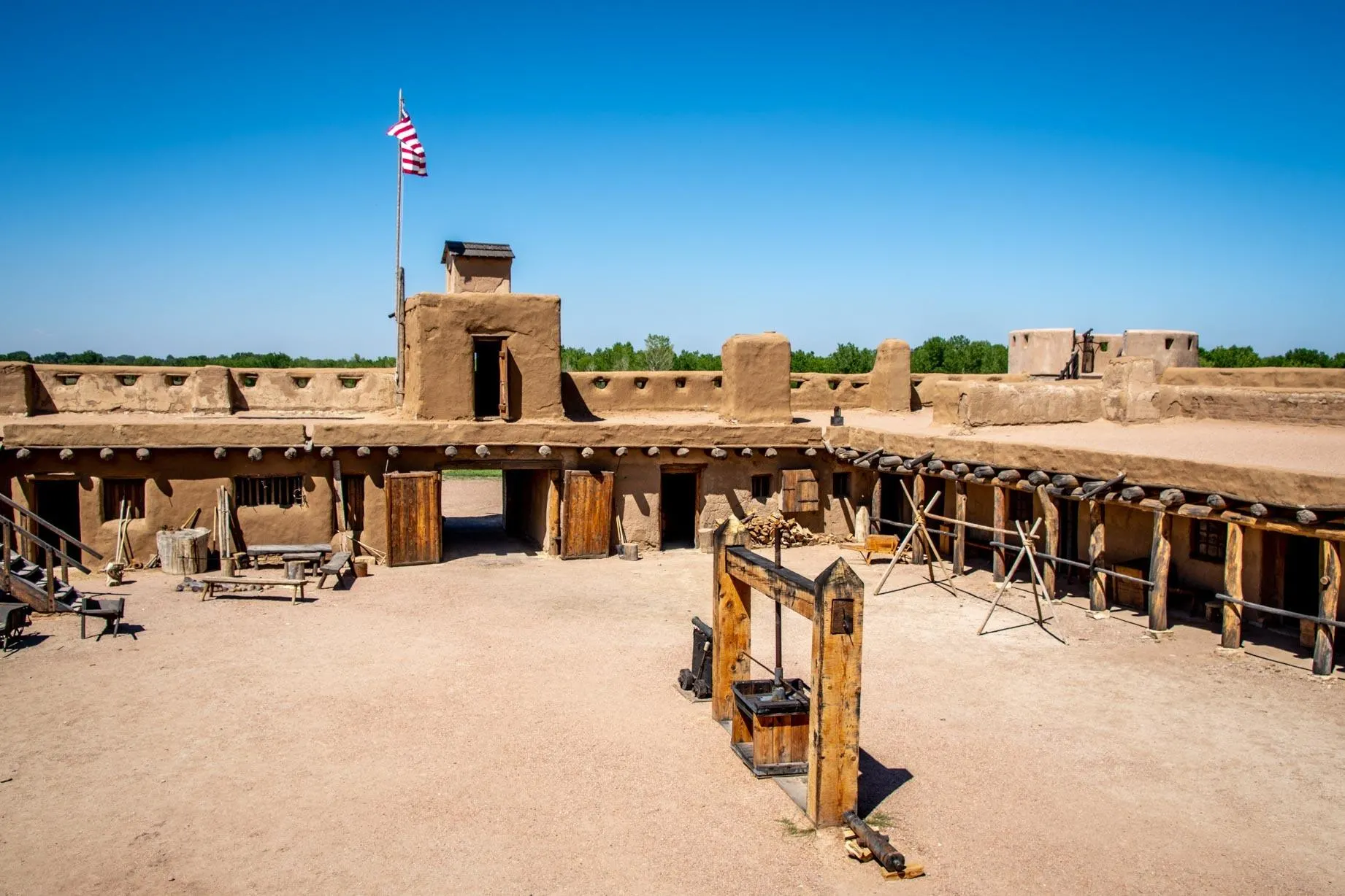Bent's Old Fort courtyard with American flag