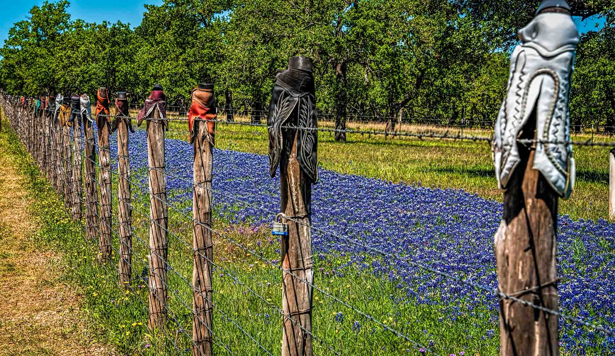 Row of fenceposts with cowboy boots upside down