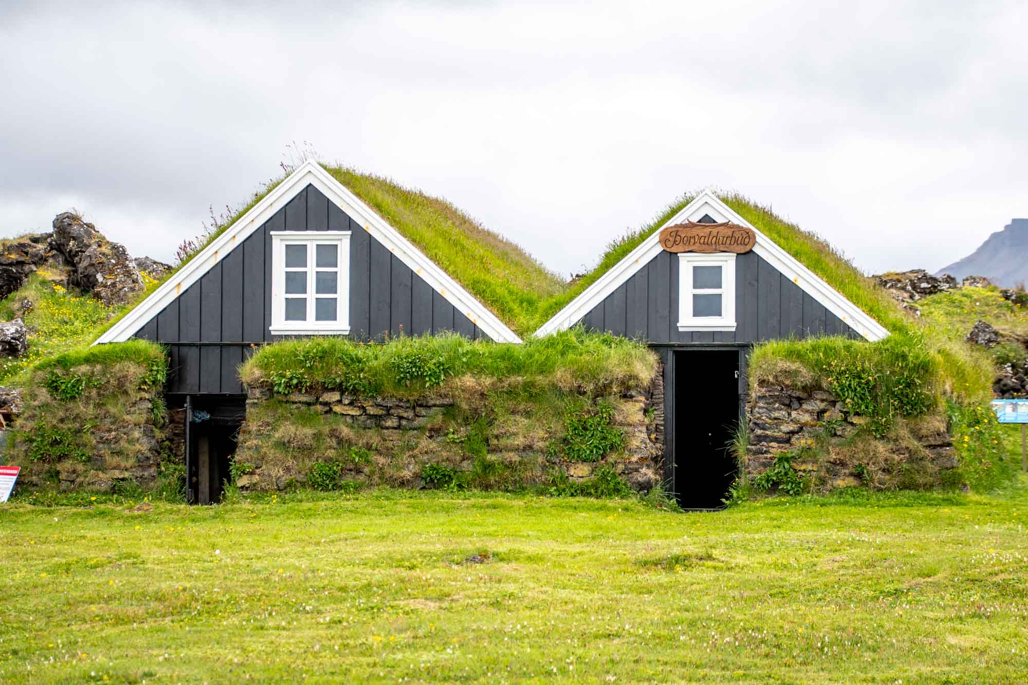 Two turf roof buildings in Iceland