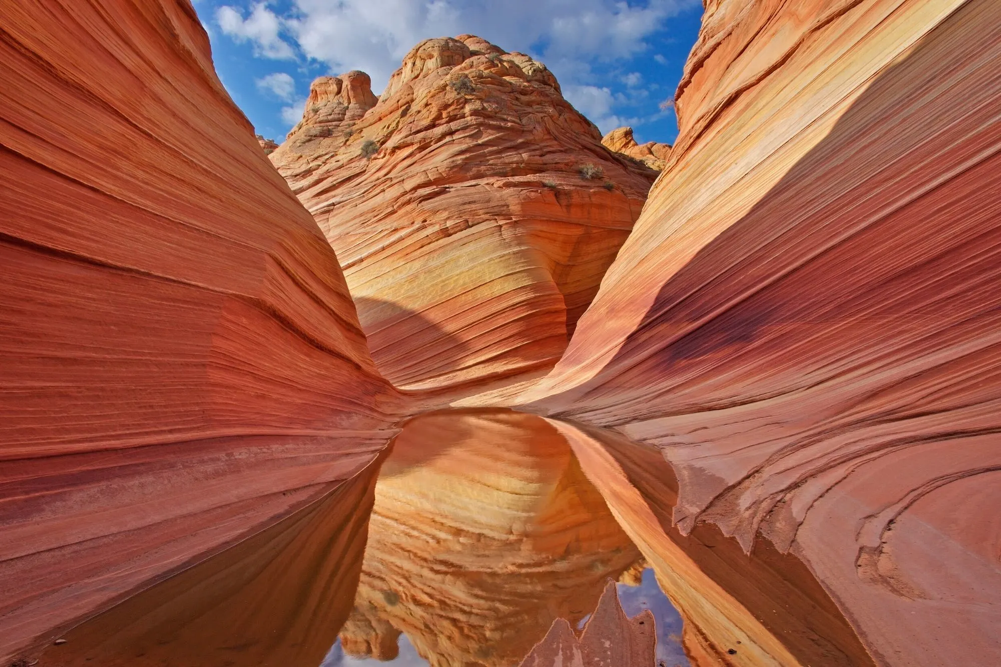 Reflections of sandstone rock formation in pool of water