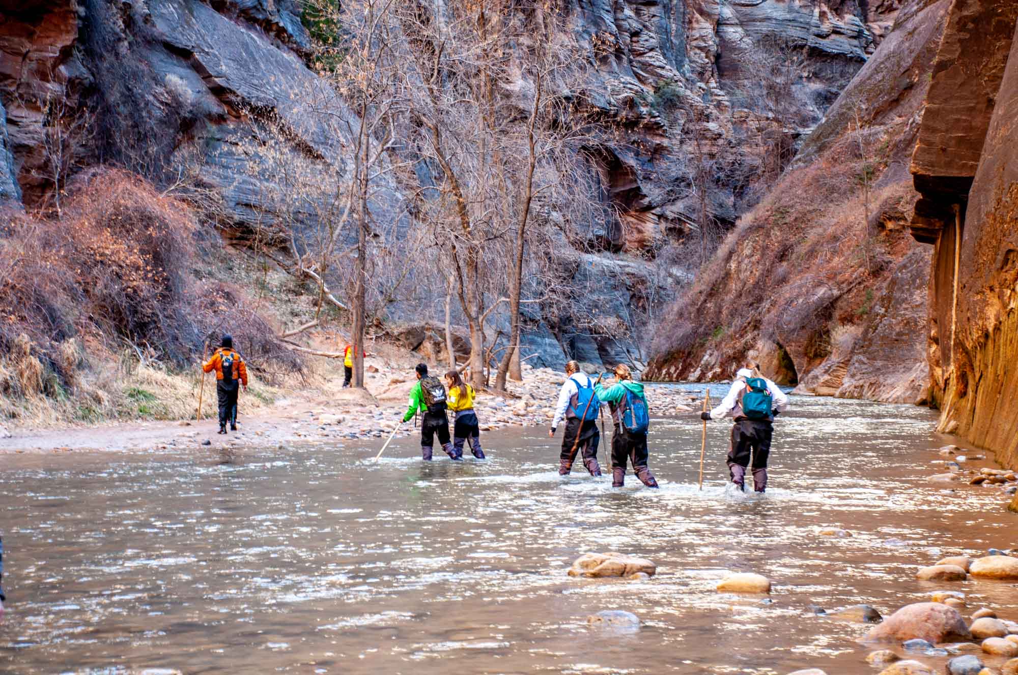 Hikers walking up a river in The Narrows at Zion