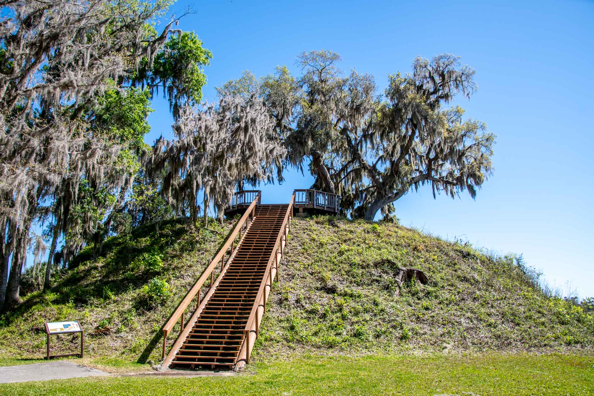 Wooden stairs leading up Native American Temple Mound in Florida