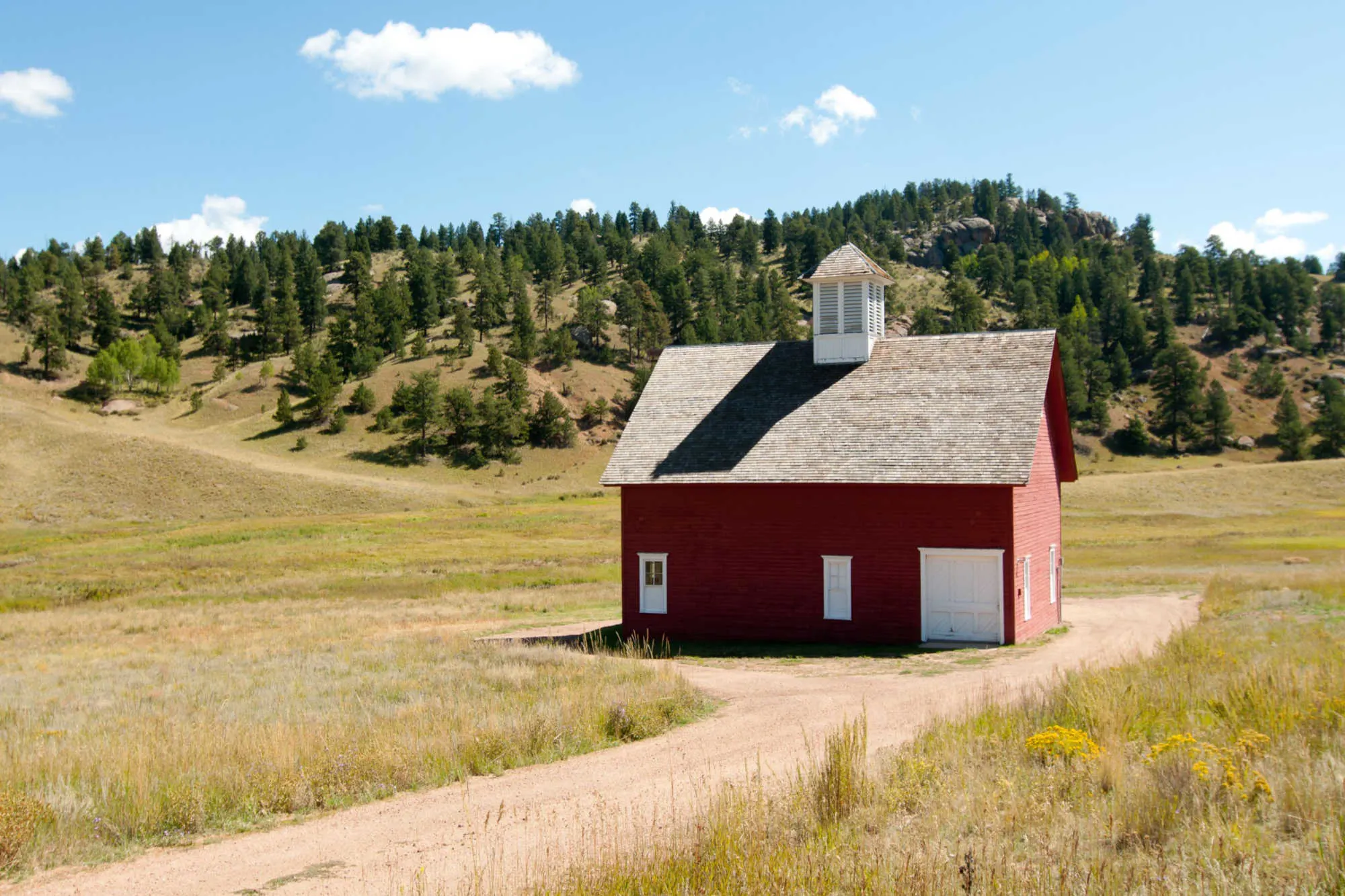 Large red barn in a field