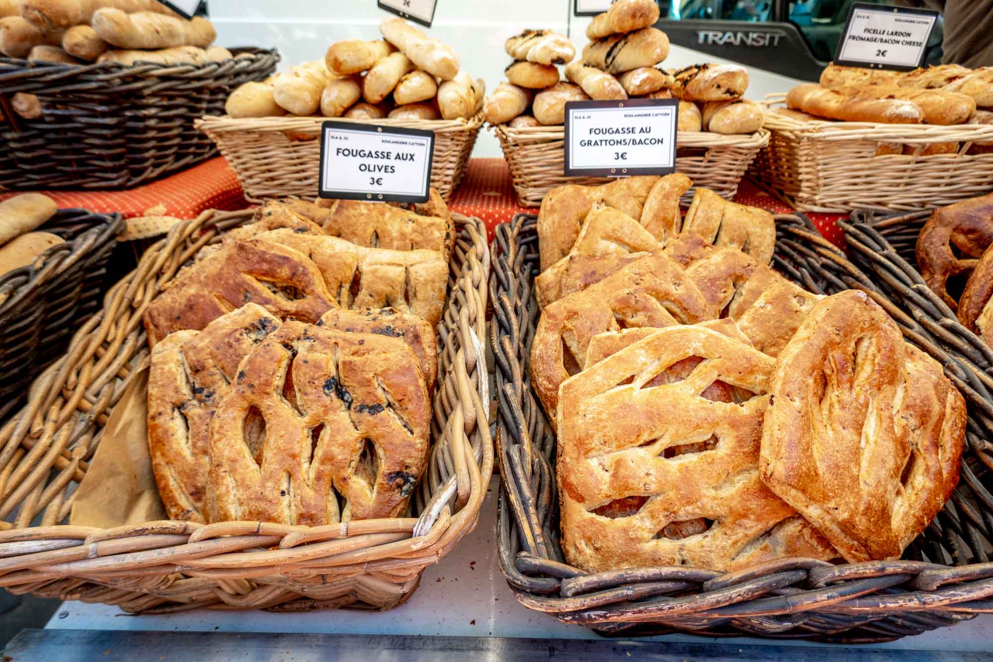 Fougasse bread for sale at a farmers market stall