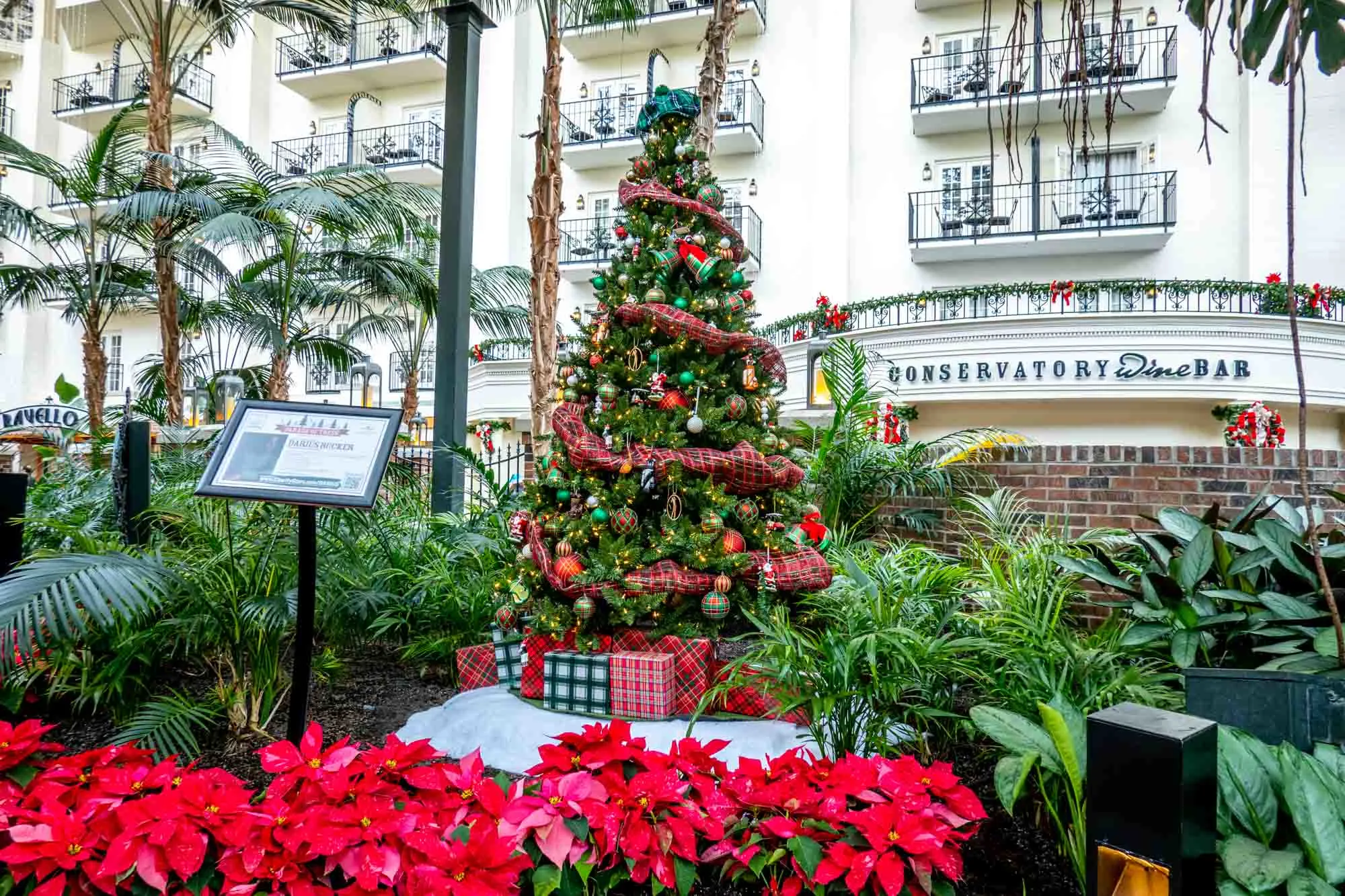 Decorated Christmas tree surrounded by poinsettias and greenery.