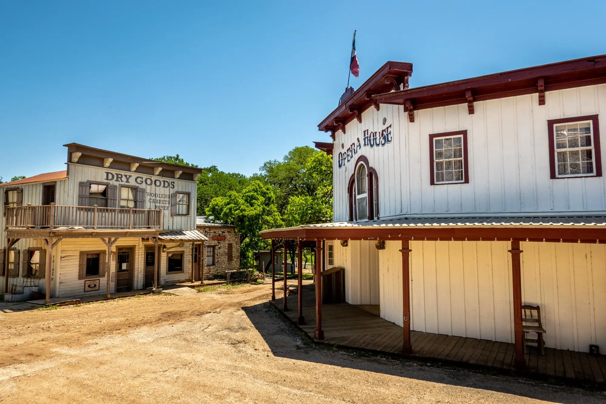 Replica Western town with a dry goods store and an opera house.