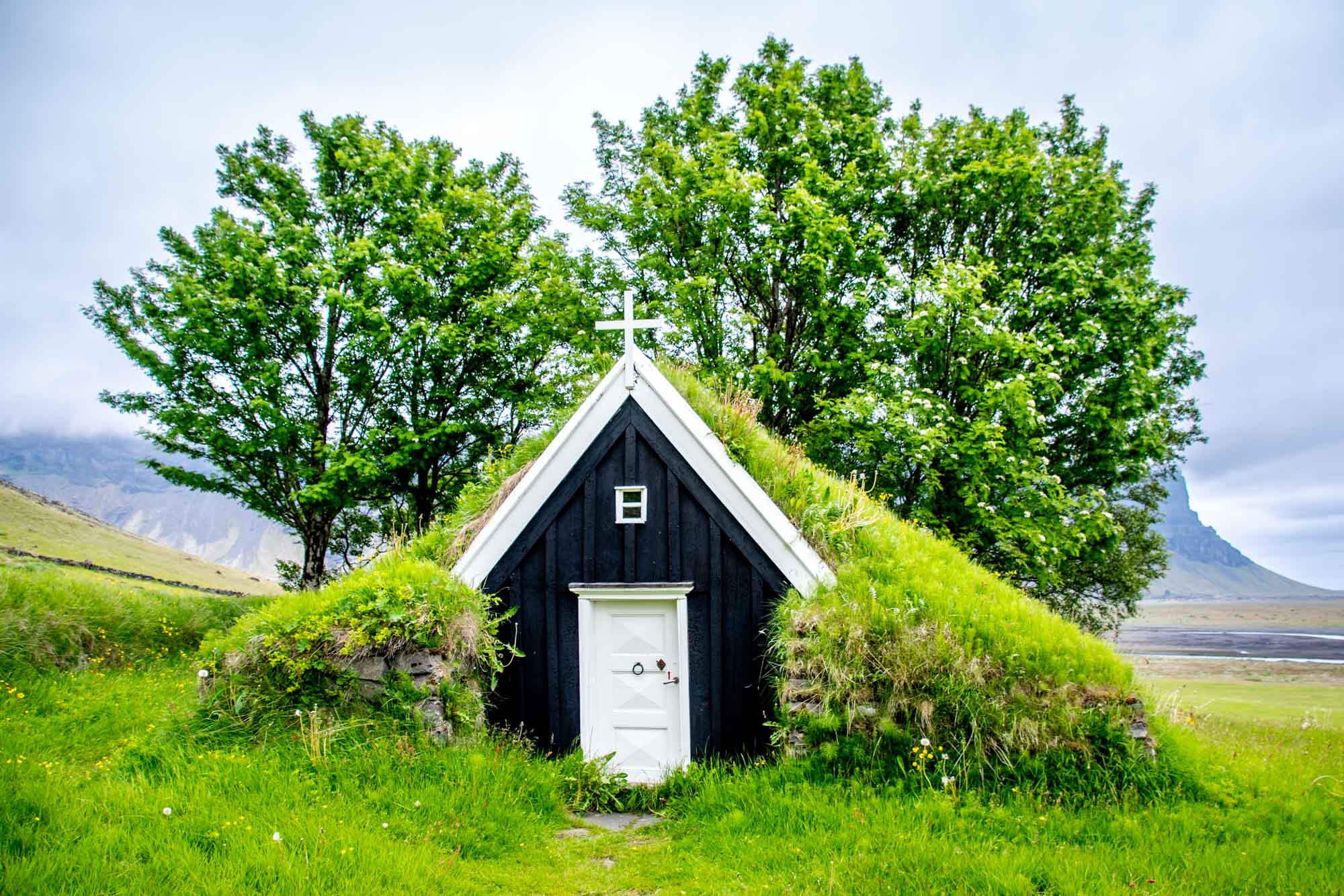 Icelandic turf church surrounded by trees with a mountain in the background