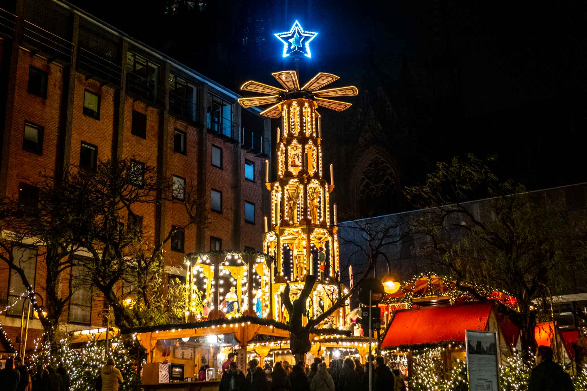 German Christmas pyramid lit up at night