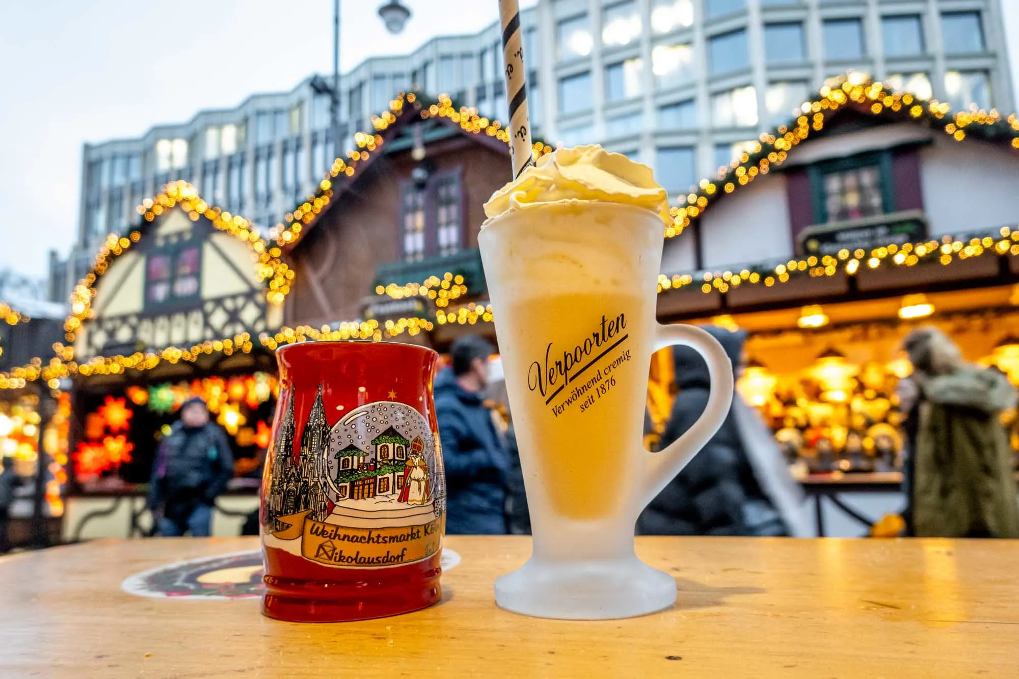Two hot drinks at a Christmas market