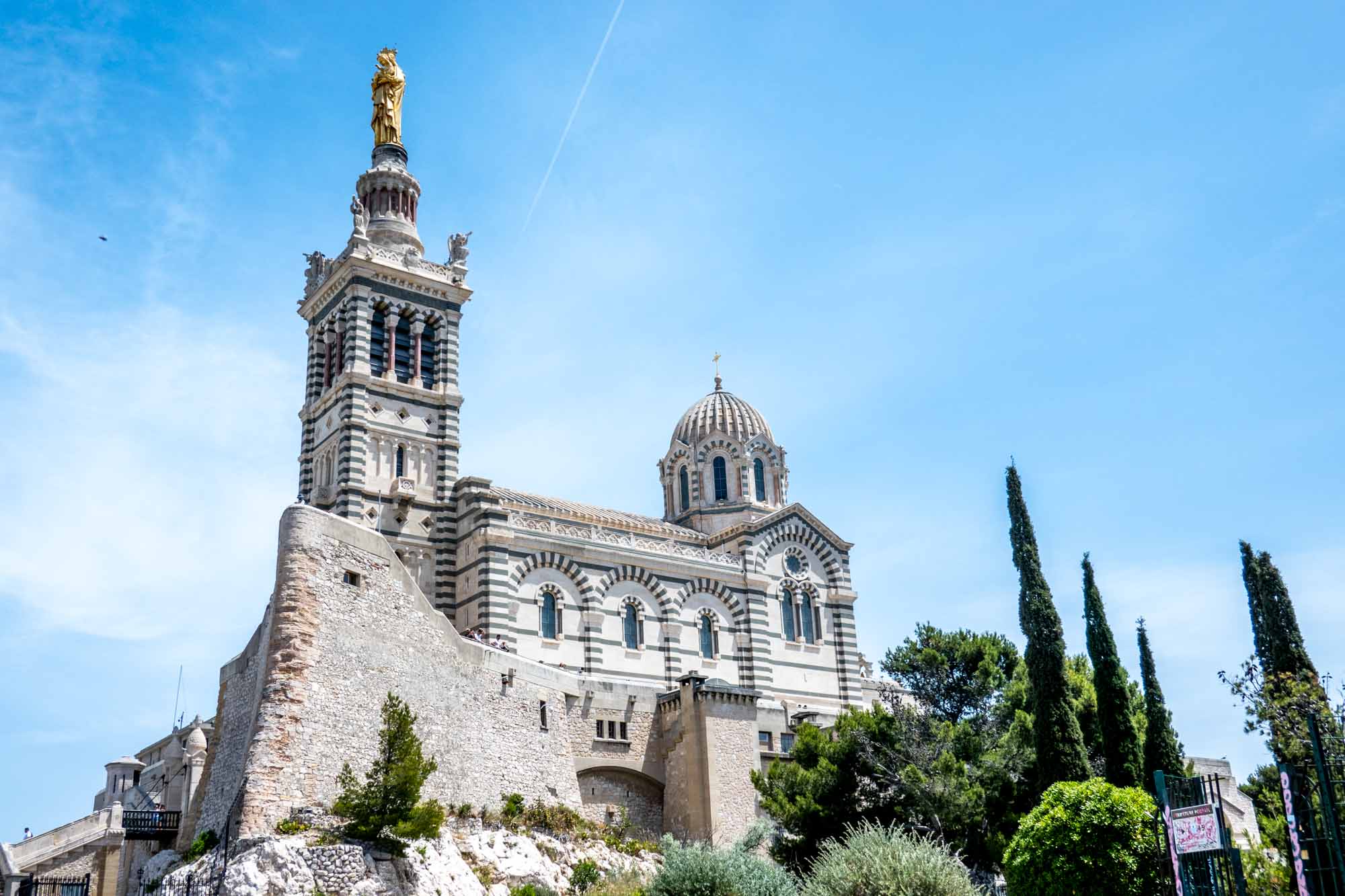 The stripped accents on the Basilique Notre Dame de la Garde, located above the city of Marseille