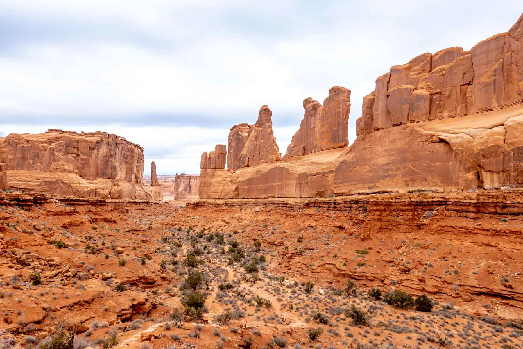 Red sandstone cliffs of Park Avenue in Arches National Park