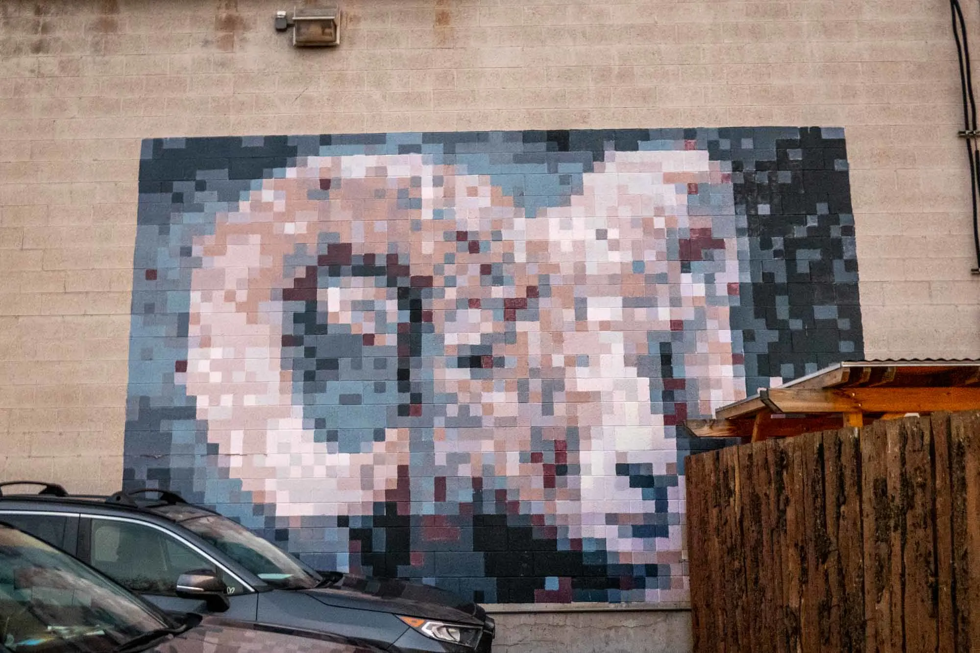 Pixelated mural of a rams head