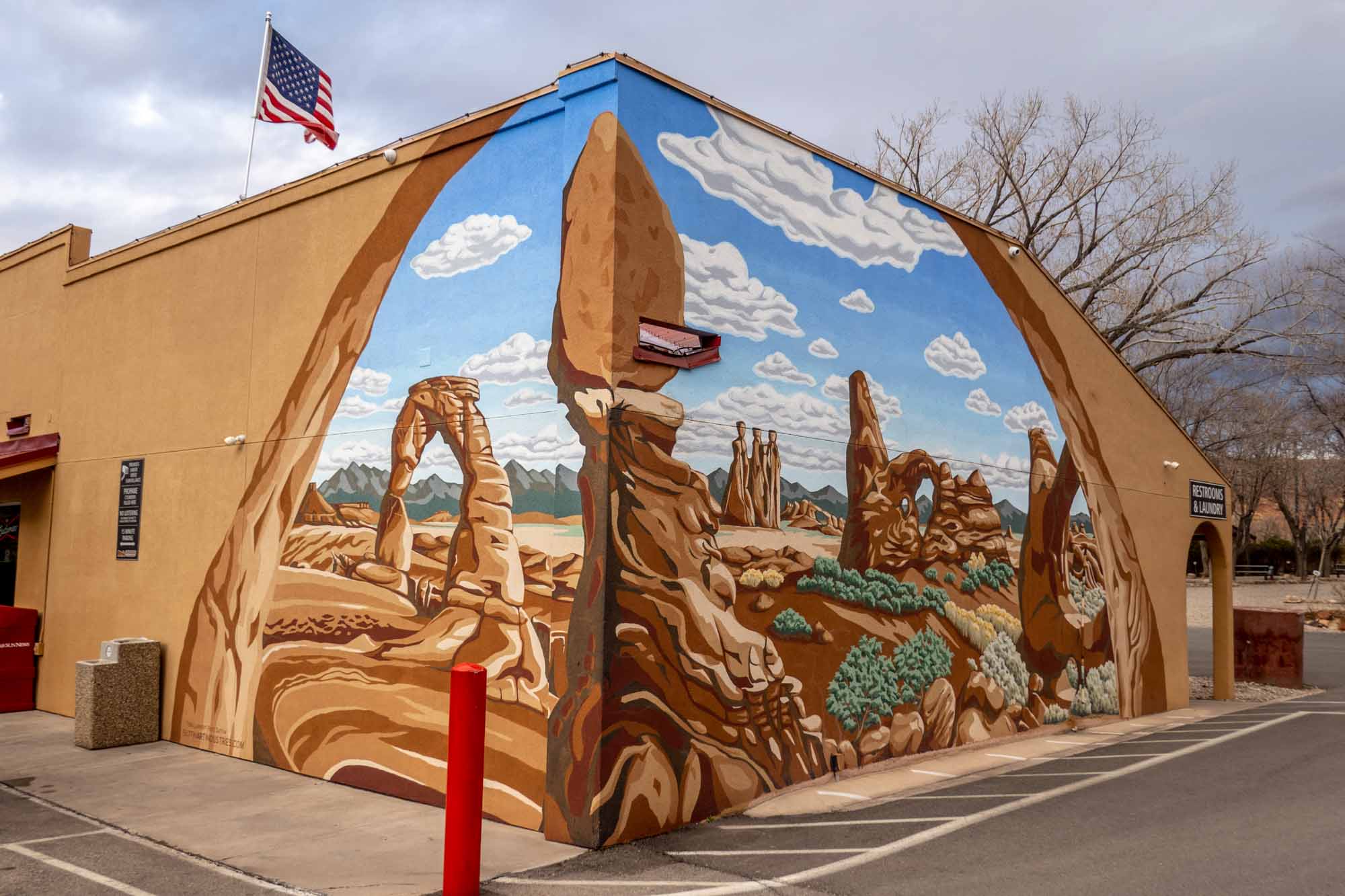 Mural on corner of building of famous formations in Arches National Park