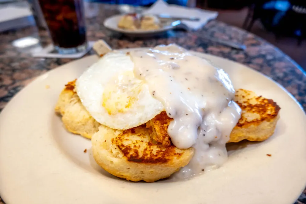 Biscuits, eggs, and gravy in a restaurant