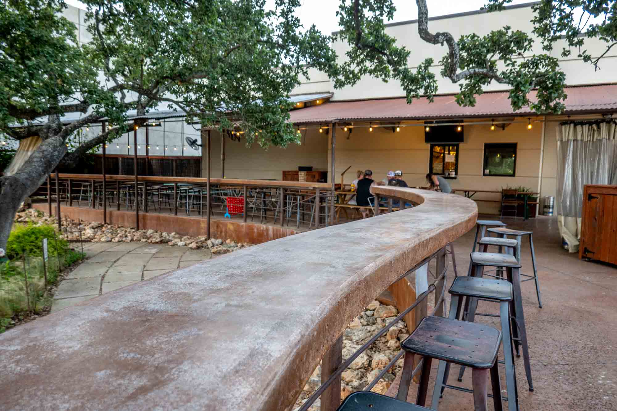 Tree and benches in an outdoor beer garden