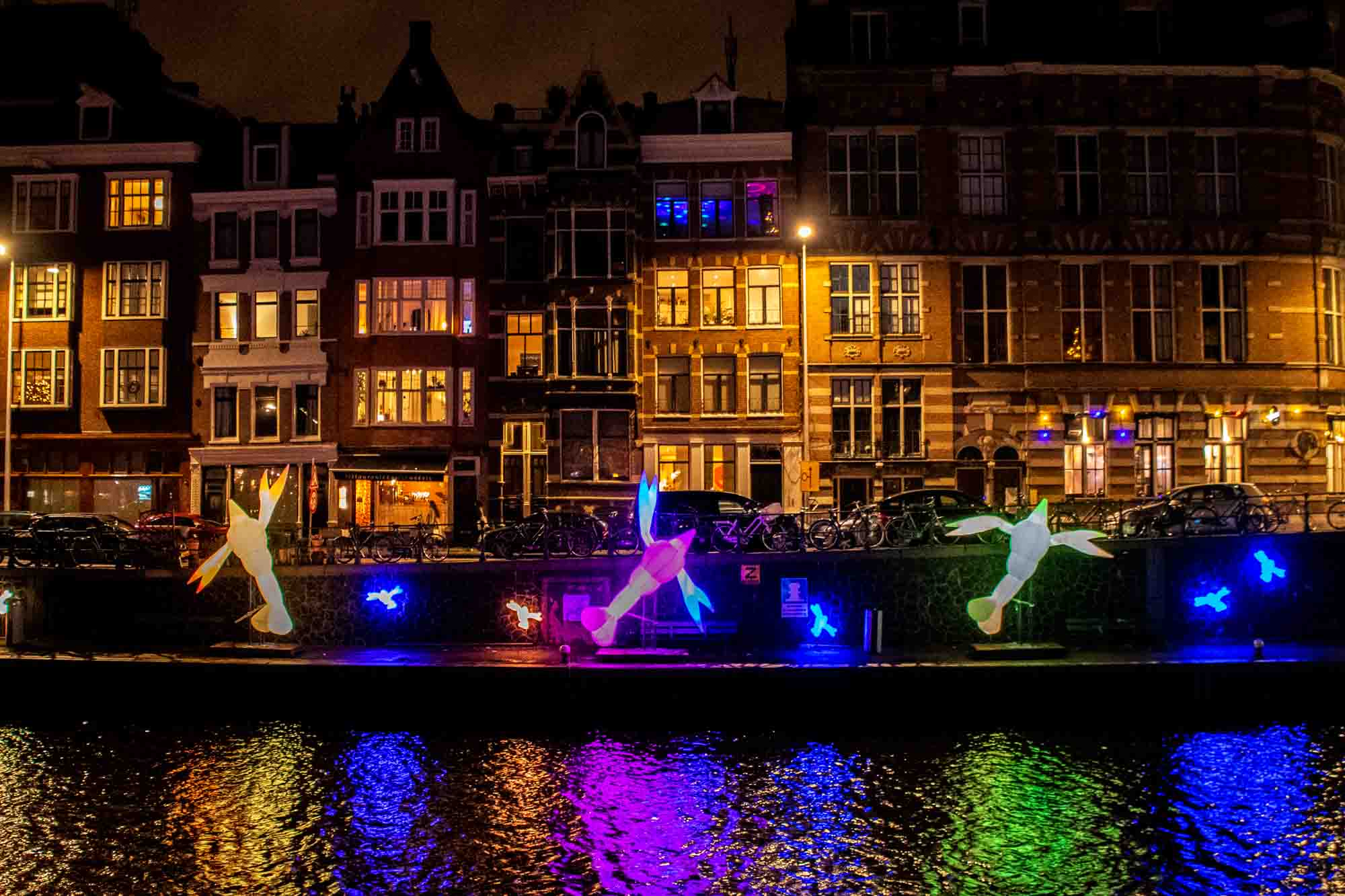 Illuminated artworks along the side of a canal at night