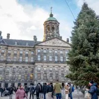 Christmas tree in front of a palace in a square in Amsterdam