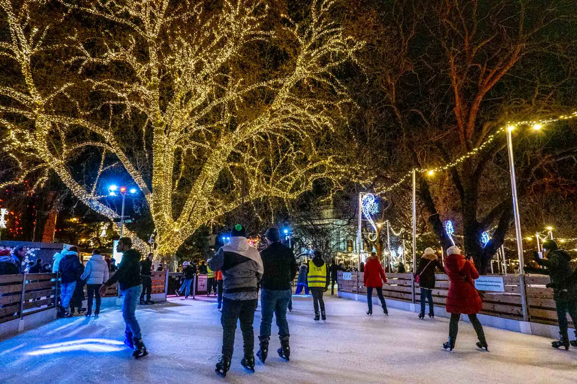 People ice skating under trees decorated with Christmas lights.